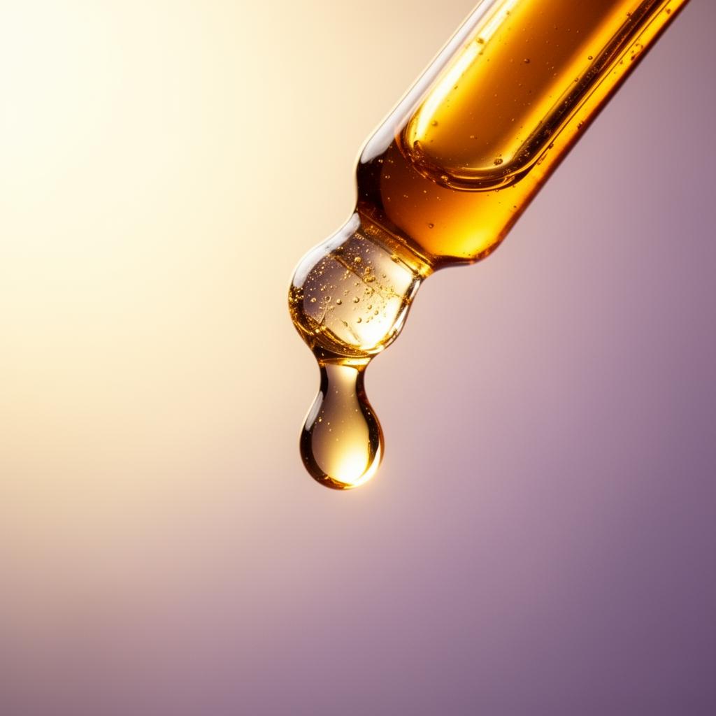 Luminous amber serum droplet, backlit